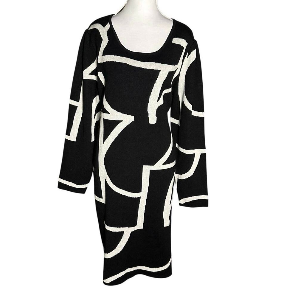 Nina Leonard XL Black White Geometric Y2K Hipster Long Sleeve Sweater Dress